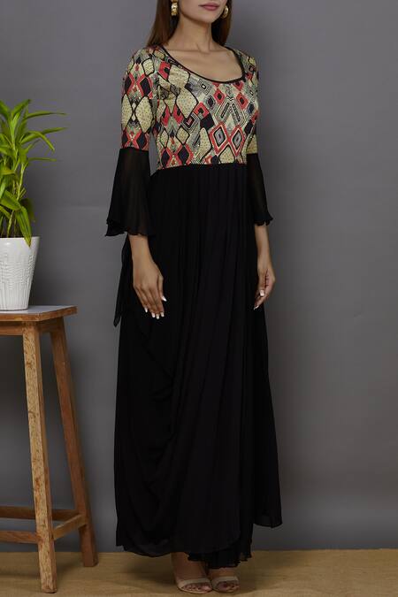 Ariyana by Aza_Black Modal Satin Round Printed Draped Tunic _Online_at_Aza_Fashions
