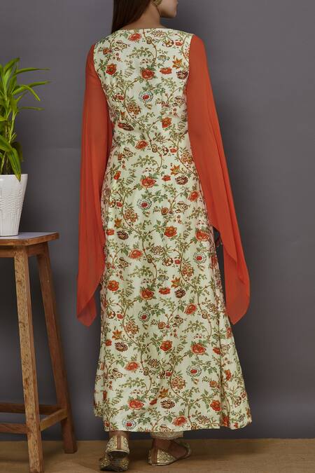 Shop Aariyana Couture Cream Organza, Modal, Viscose Embroidery Round Neck Printed Kurta And Pant Set at Aza Fashions Shop_Aariyana Couture_Cream Organza, Modal, Viscose Embroidery Round Neck Printed Kurta And Pant Set_at_Aza_Fashions