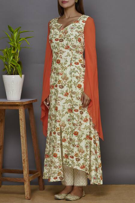 Aariyana Couture Cream Organza, Modal, Viscose Embroidery Round Neck Printed Kurta And Pant Set Online at Aza Fashions Aariyana Couture_Cream Organza, Modal, Viscose Embroidery Round Neck Printed Kurta And Pant Set_Online_at_Aza_Fashions