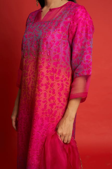Buy Priti Prashant Magenta Sheer Silk And Organza Floral Print & Sequin Primrose Kurta Pant Set Online at Aza Fashions Buy_Priti Prashant_Magenta Sheer Silk And Organza Floral Print & Sequin Primrose Kurta Pant Set _Online_at_Aza_Fashions