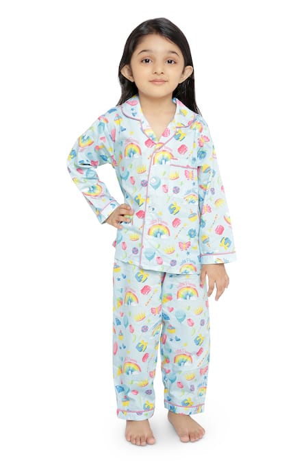Knitting Doodles Blue 100% Cotton Print Abstract Princess Night Suit 