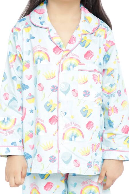 Shop_Knitting Doodles_Blue 100% Cotton Print Abstract Princess Night Suit_Online_at_Aza_Fashions