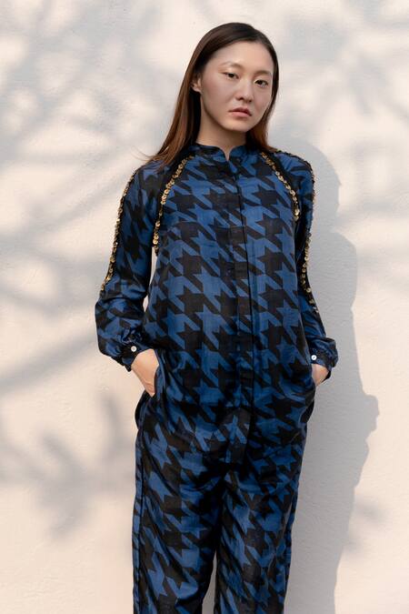 Kavya Singh Kundu Black Silk Sequins Mandarin Collar Hunter Mulberry Block Print Shirt With Pant Online at Aza Fashions Kavya Singh Kundu_Black Silk Sequins Mandarin Collar Hunter Mulberry Block Print Shirt With Pant _Online_at_Aza_Fashions