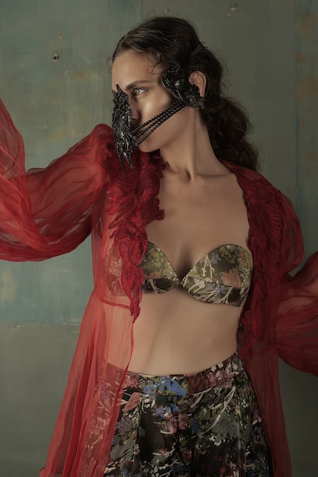 Buy_Nidhi Yasha_Brown Viscose Kasab Print Sweetheart Neck Bralette And Shorts Set _Online_at_Aza_Fashions