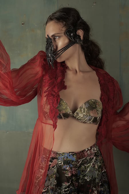 Nidhi Yasha_Red Viscose Embroidery Flared Sleeve Pleated Jacket _Online_at_Aza_Fashions