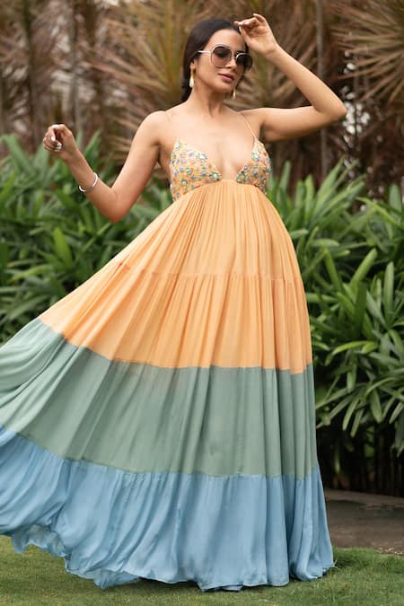 Nirmooha Multi Color Chinon Chiffon V Neck Embellished Dress Online at Aza Fashions Nirmooha_Multi Color Chinon Chiffon V Neck Embellished Dress _Online_at_Aza_Fashions