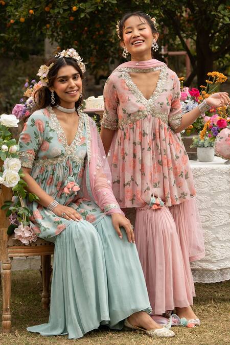 Buy_Summer By Priyanka Gupta_Pink Georgette Sequins V-neck Rose Print Kurta Gharara Set _Online_at_Aza_Fashions