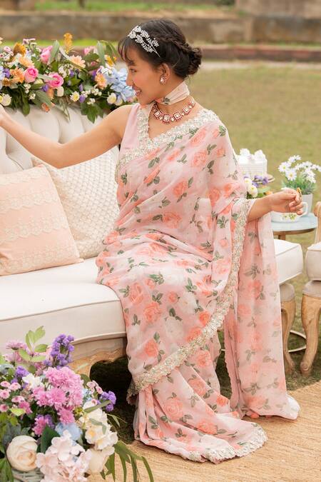 Summer By Priyanka Gupta_Pink Georgette Sequins, Embroidery Rose Print Saree With Sleeveless Blouse_Online_at_Aza_Fashions