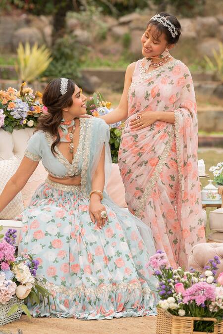 Buy_Summer By Priyanka Gupta_Pink Georgette Sequins, Embroidery Rose Print Saree With Sleeveless Blouse_Online_at_Aza_Fashions