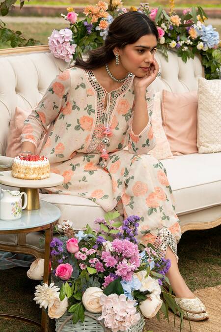 Summer By Priyanka Gupta_Beige Georgette Mirrors Round Neck Disco Printed Tunic And Tulip Pant Set_Online_at_Aza_Fashions