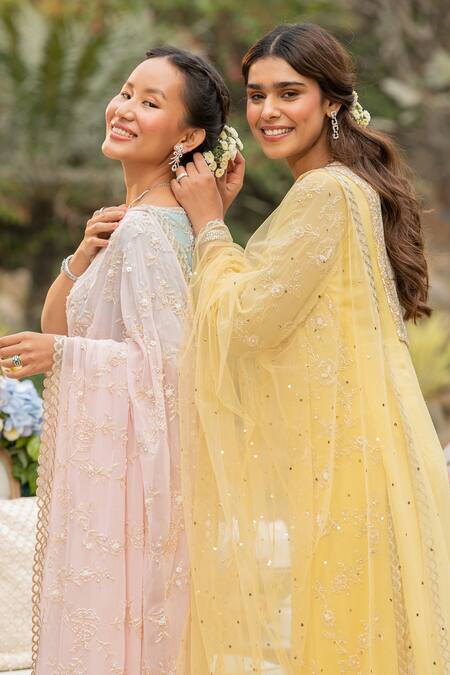 Buy_Summer By Priyanka Gupta_Yellow Georgette Cut Work, Embroidery, Mirrors, Pearls V-neck Kurta Salwar Set_Online_at_Aza_Fashions
