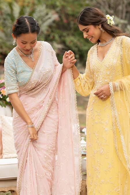 Shop_Summer By Priyanka Gupta_Yellow Georgette Cut Work, Embroidery, Mirrors, Pearls V-neck Kurta Salwar Set_Online_at_Aza_Fashions