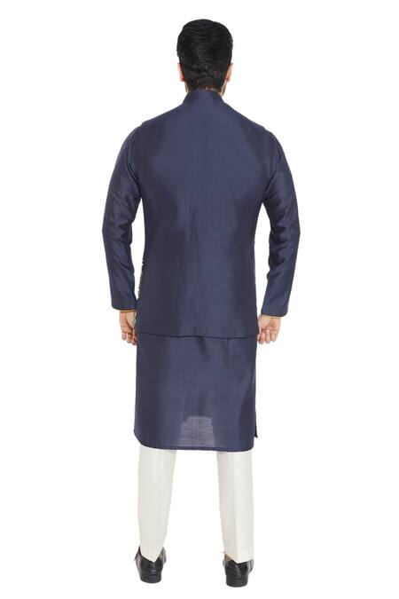 Shop Para Blue Spun Silk Embroidered Floral Thread Work Printed Bundi Kurta Set at Aza Fashions Shop_Para_Blue Spun Silk Embroidered Floral Thread Work Printed Bundi Kurta Set_at_Aza_Fashions