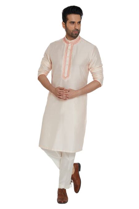 Para_Pink Spun Silk Embroidered Thread Work Kurta Set_Online_at_Aza_Fashions