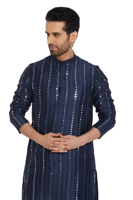 Buy_Para_Blue Chanderi Silk Embroidered Resham And Aabla Work Kurta Set_Online_at_Aza_Fashions