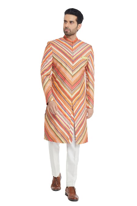 Para Multi Color Spun , Slub Chevron Print Sherwani And Pant Set Online at Aza Fashions Para_Multi Color Spun , Slub Chevron Print Sherwani And Pant Set_Online_at_Aza_Fashions