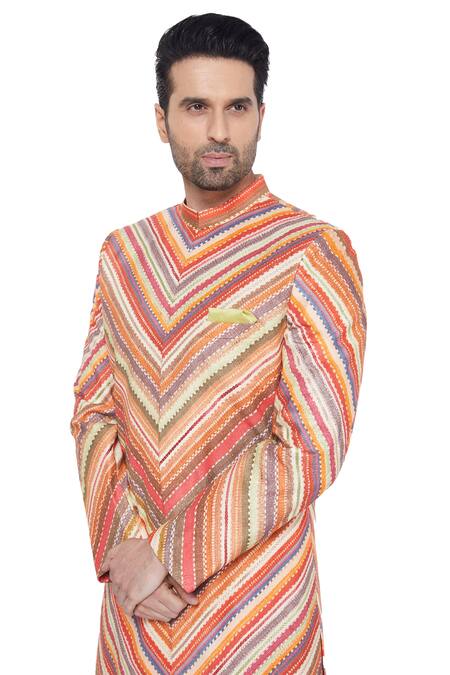 Buy Para Multi Color Spun , Slub Chevron Print Sherwani And Pant Set Online at Aza Fashions Buy_Para_Multi Color Spun , Slub Chevron Print Sherwani And Pant Set_Online_at_Aza_Fashions