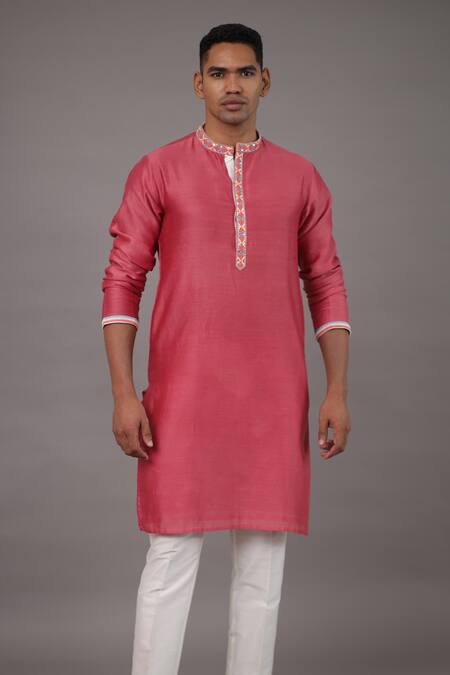 Para_Pink Chanderi Silk Hand Embroidered Thread Kurta And Pant Set_Online_at_Aza_Fashions