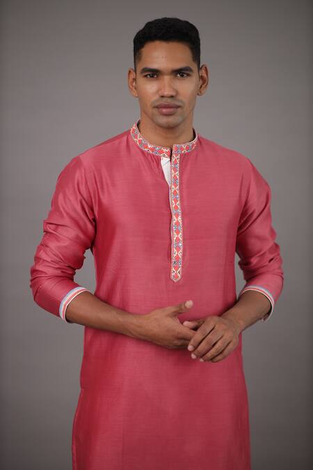 Buy_Para_Pink Chanderi Silk Hand Embroidered Thread Kurta And Pant Set_Online_at_Aza_Fashions