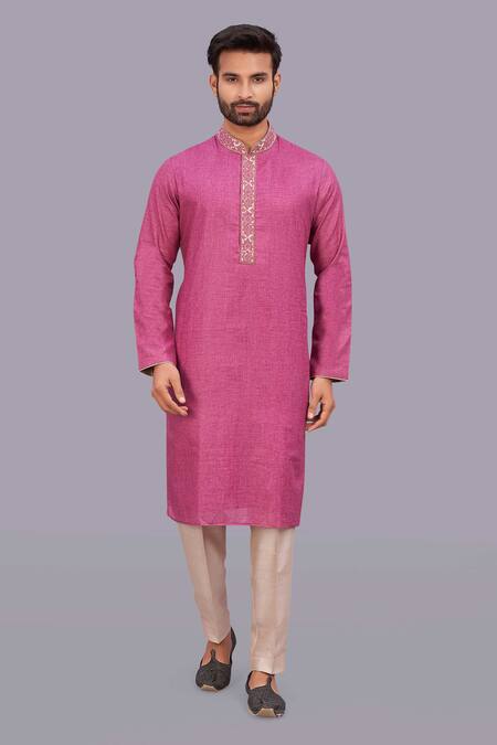 Buy_Para_Pink Spun Silk, Paper Cotton Embroidered Kurta_Online_at_Aza_Fashions