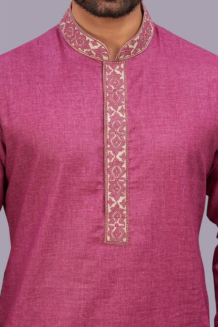 Shop_Para_Pink Spun Silk, Paper Cotton Embroidered Kurta_Online_at_Aza_Fashions