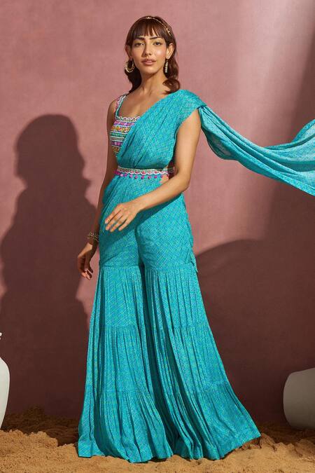 Aneesh Agarwaal_Blue Organza, Chiffon Geometric Scoop Neck Printed Sharara Saree With Blouse _Online_at_Aza_Fashions