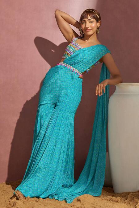 Buy_Aneesh Agarwaal_Blue Organza, Chiffon Geometric Scoop Neck Printed Sharara Saree With Blouse _Online_at_Aza_Fashions