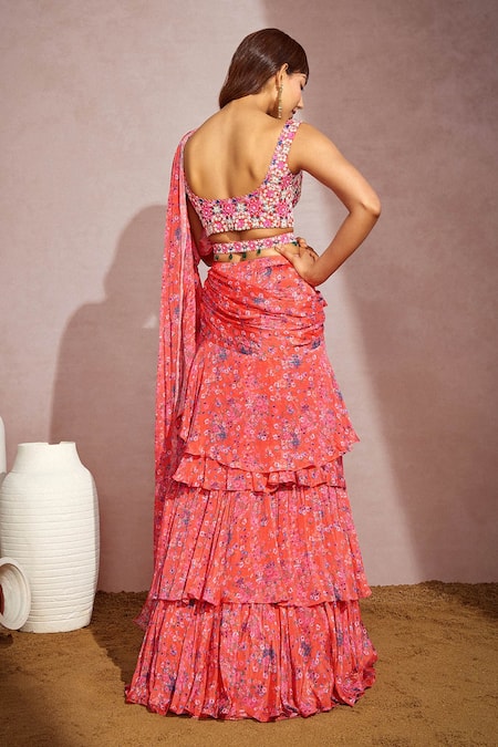 Shop Aneesh Agarwaal Pink Net, Chiffon Crystal, Floral Square Printed Pre-draped Saree With Blouse at Aza Fashions Shop_Aneesh Agarwaal_Pink Net, Chiffon Crystal, Floral Square Printed Pre-draped Saree With Blouse _at_Aza_Fashions