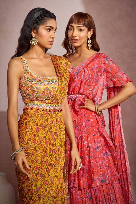 Buy Aneesh Agarwaal Pink Net, Chiffon Crystal, Floral Square Printed Pre-draped Saree With Blouse Online at Aza Fashions Buy_Aneesh Agarwaal_Pink Net, Chiffon Crystal, Floral Square Printed Pre-draped Saree With Blouse _Online_at_Aza_Fashions