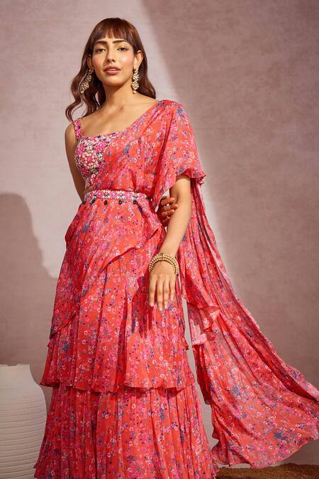 Shop Aneesh Agarwaal Pink Net, Chiffon Crystal, Floral Square Printed Pre-draped Saree With Blouse Online at Aza Fashions Shop_Aneesh Agarwaal_Pink Net, Chiffon Crystal, Floral Square Printed Pre-draped Saree With Blouse _Online_at_Aza_Fashions
