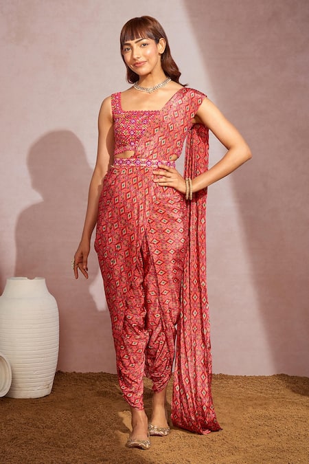 Aneesh Agarwaal Red Net, Crepe Geometric, Mirror Square Neck Printed Dhoti Saree With Blouse