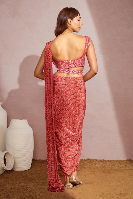 Shop Aneesh Agarwaal Red Net, Crepe Geometric, Mirror Square Neck Printed Dhoti Saree With Blouse at Aza Fashions Shop_Aneesh Agarwaal_Red Net, Crepe Geometric, Mirror Square Neck Printed Dhoti Saree With Blouse _at_Aza_Fashions
