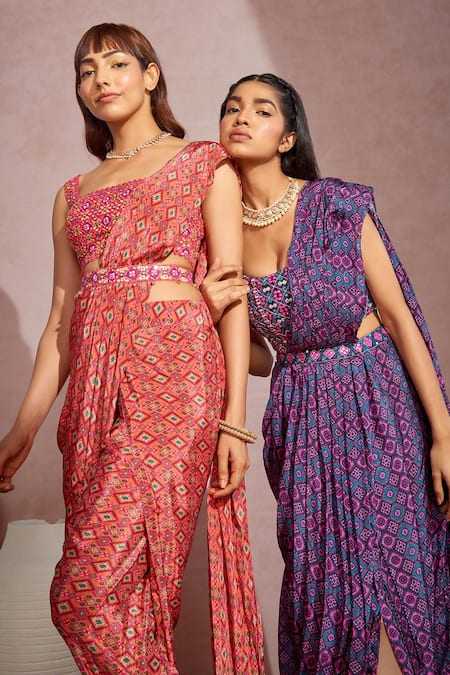 Buy Aneesh Agarwaal Red Net, Crepe Geometric, Mirror Square Neck Printed Dhoti Saree With Blouse Online at Aza Fashions Buy_Aneesh Agarwaal_Red Net, Crepe Geometric, Mirror Square Neck Printed Dhoti Saree With Blouse _Online_at_Aza_Fashions