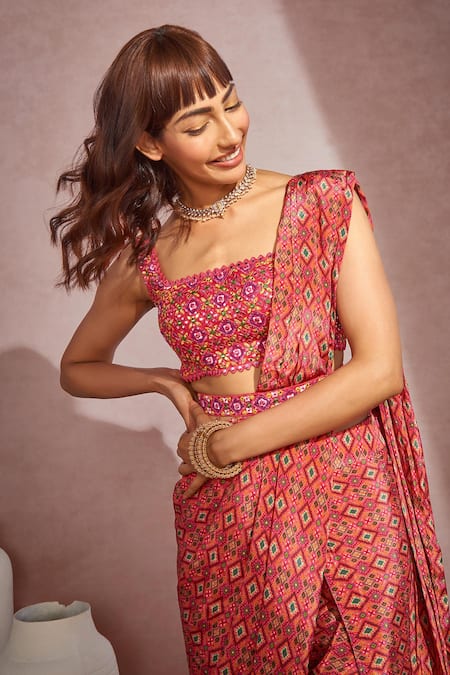 Shop Aneesh Agarwaal Red Net, Crepe Geometric, Mirror Square Neck Printed Dhoti Saree With Blouse Online at Aza Fashions Shop_Aneesh Agarwaal_Red Net, Crepe Geometric, Mirror Square Neck Printed Dhoti Saree With Blouse _Online_at_Aza_Fashions