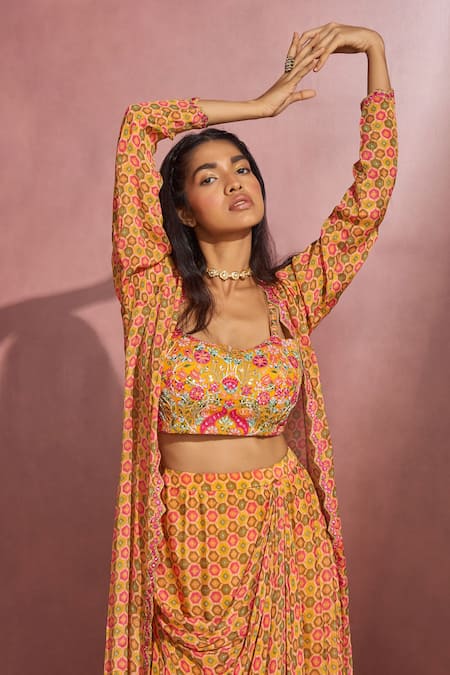 Buy_Aneesh Agarwaal_Yellow Organza, Chiffon Geometric, Mirror Blouse Printed And Draped Skirt Set _Online_at_Aza_Fashions