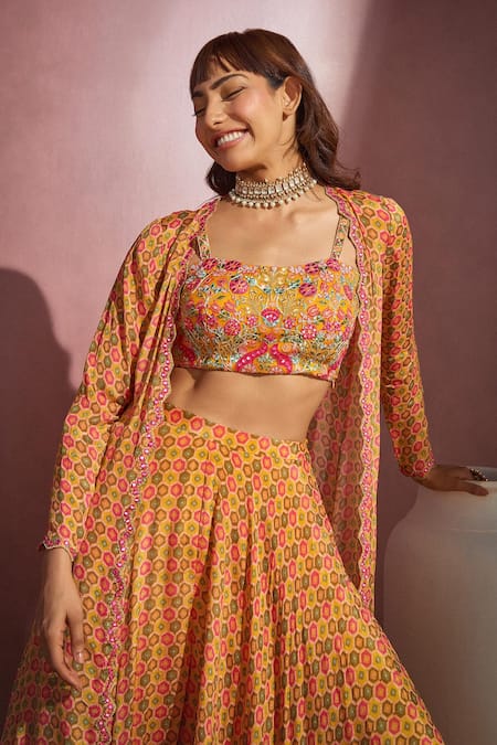 Aneesh Agarwaal_Yellow Organza, Chiffon Geometric, Mirror Blouse Square, Printed And Sharara Set _Online_at_Aza_Fashions