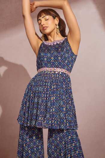 Aneesh Agarwaal_Blue Organza, Chiffon Floral, Ikkat Round Printed Peplum Kurta Sharara Set _Online_at_Aza_Fashions