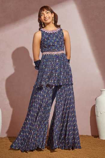 Buy_Aneesh Agarwaal_Blue Organza, Chiffon Floral, Ikkat Round Printed Peplum Kurta Sharara Set _Online_at_Aza_Fashions