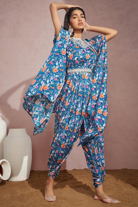 Aneesh Agarwaal Printed Cowl Jumpsuit With Cape 