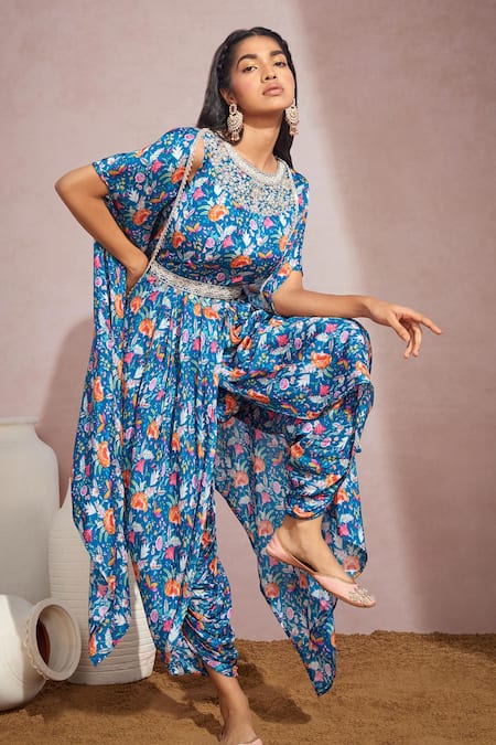 Buy_Aneesh Agarwaal_Blue Habutai Silk Floral Print Round Cowl Jumpsuit With Cape _Online_at_Aza_Fashions