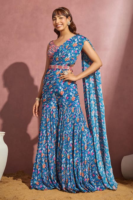 Aneesh Agarwaal Printed Sharara Saree With Blouse 