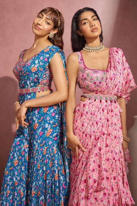 Aneesh Agarwaal_Blue Organza, Chiffon Floral Leaf Neck Printed Sharara Saree With Blouse _Online_at_Aza_Fashions