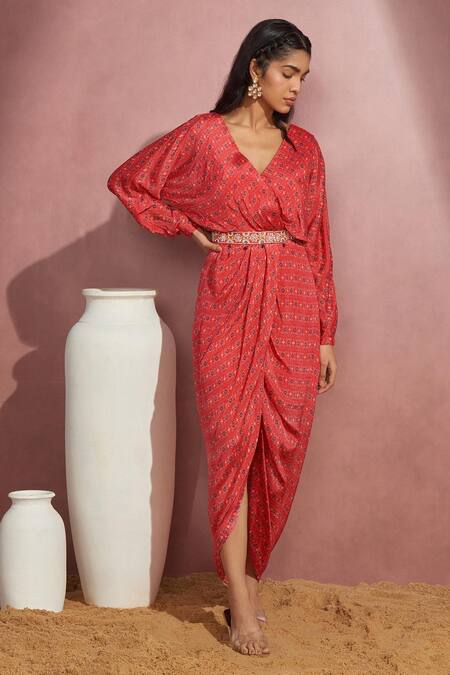 Aneesh Agarwaal Red Chiffon Crystal, Floral, Bead V Neck Geometric Print Wrap Dress Online at Aza Fashions Aneesh Agarwaal_Red Chiffon Crystal, Floral, Bead V Neck Geometric Print Wrap Dress _Online_at_Aza_Fashions