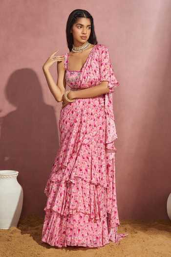 Aneesh Agarwaal Printed Frill Saree With Blouse 