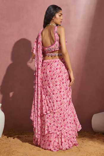 Aneesh Agarwaal Printed Frill Saree With Blouse 