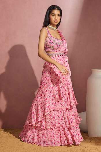 Aneesh Agarwaal Pink Chiffon And Organza Floral Print, Sequin & Cutdana Frill Saree With Blouse Online at Aza Fashions Aneesh Agarwaal_Pink Chiffon And Organza Floral Print, Sequin & Cutdana Frill Saree With Blouse _Online_at_Aza_Fashions