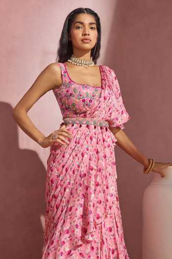 Buy Aneesh Agarwaal Pink Chiffon And Organza Floral Print, Sequin & Cutdana Frill Saree With Blouse Online at Aza Fashions Buy_Aneesh Agarwaal_Pink Chiffon And Organza Floral Print, Sequin & Cutdana Frill Saree With Blouse _Online_at_Aza_Fashions