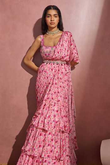 Shop Aneesh Agarwaal Pink Chiffon And Organza Floral Print, Sequin & Cutdana Frill Saree With Blouse Online at Aza Fashions Shop_Aneesh Agarwaal_Pink Chiffon And Organza Floral Print, Sequin & Cutdana Frill Saree With Blouse _Online_at_Aza_Fashions