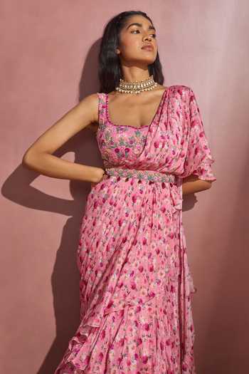 Aneesh Agarwaal Pink Chiffon And Organza Floral Print, Sequin & Cutdana Frill Saree With Blouse at Aza Fashions Aneesh Agarwaal_Pink Chiffon And Organza Floral Print, Sequin & Cutdana Frill Saree With Blouse _at_Aza_Fashions