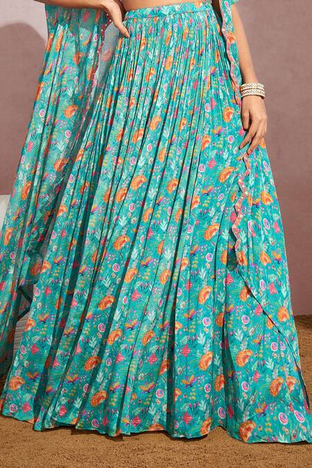 Buy Aneesh Agarwaal Blue Chiffon And Organza Floral Print, Mirror & Thread Scoop Neck Cape Lehenga Set Online at Aza Fashions Buy_Aneesh Agarwaal_Blue Chiffon And Organza Floral Print, Mirror & Thread Scoop Neck Cape Lehenga Set _Online_at_Aza_Fashions